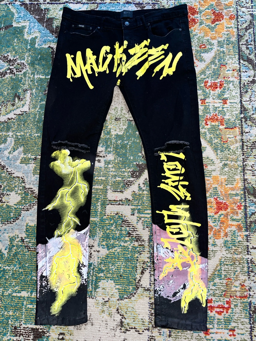 Mackeen Painted Jeans Men’s 36x32 Black Pant Slim Lightning Great